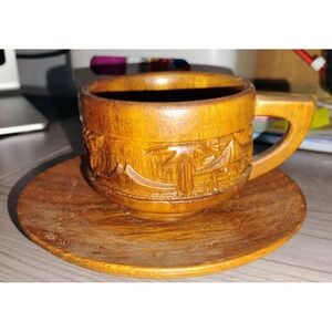 Vintage Alii Woods Honolulu Hawaii hand carved wooden Cup & Saucer MCM